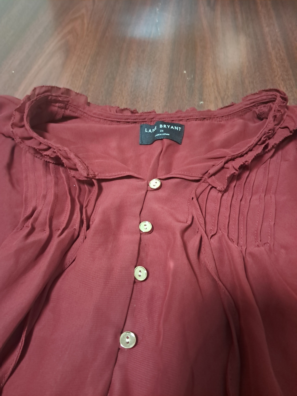 Lane Bryant Burgundy Ruffle-Neck Button Blouse